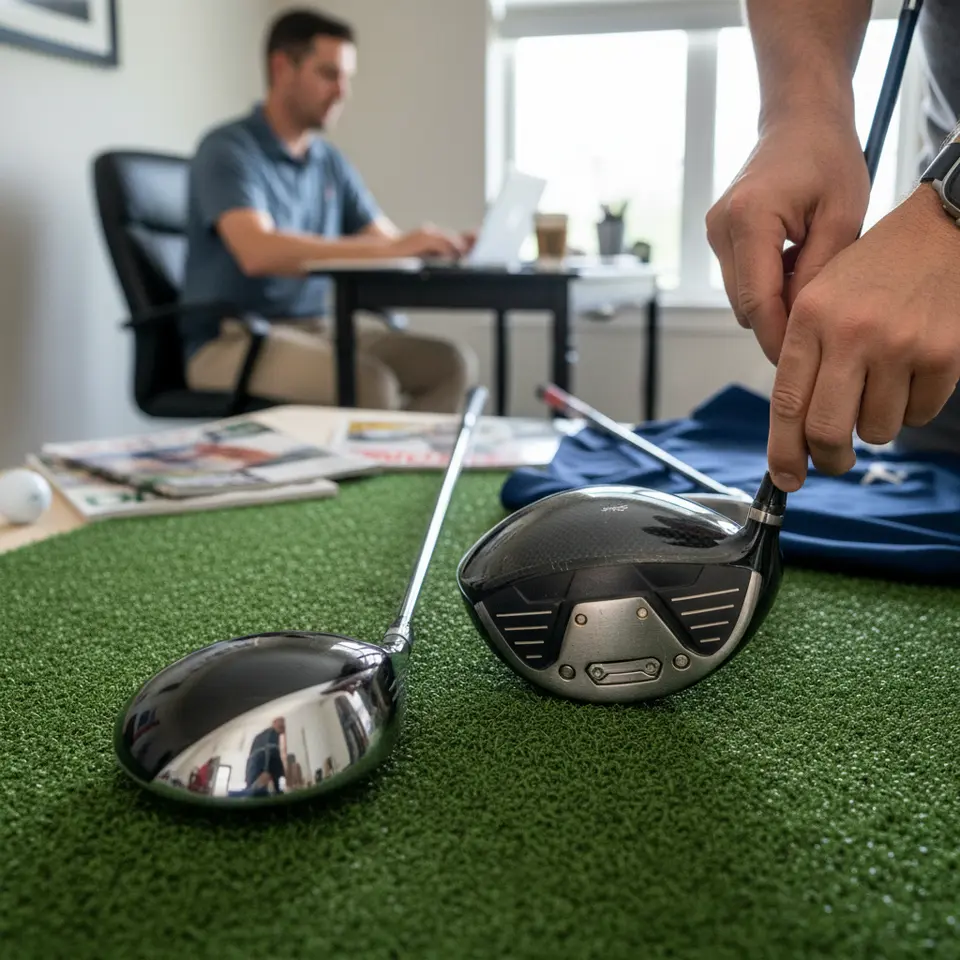 Close-up of modern golf woods and hybrids arranged on a turf mat: a driver with carbon-fiber crown, visible hosel loft sleeve, movable weights in the sole, next to a low-profile hybrid with a wide sole and turf-friendly leading edge—highlighting adjustable settings and clubhead geometry.