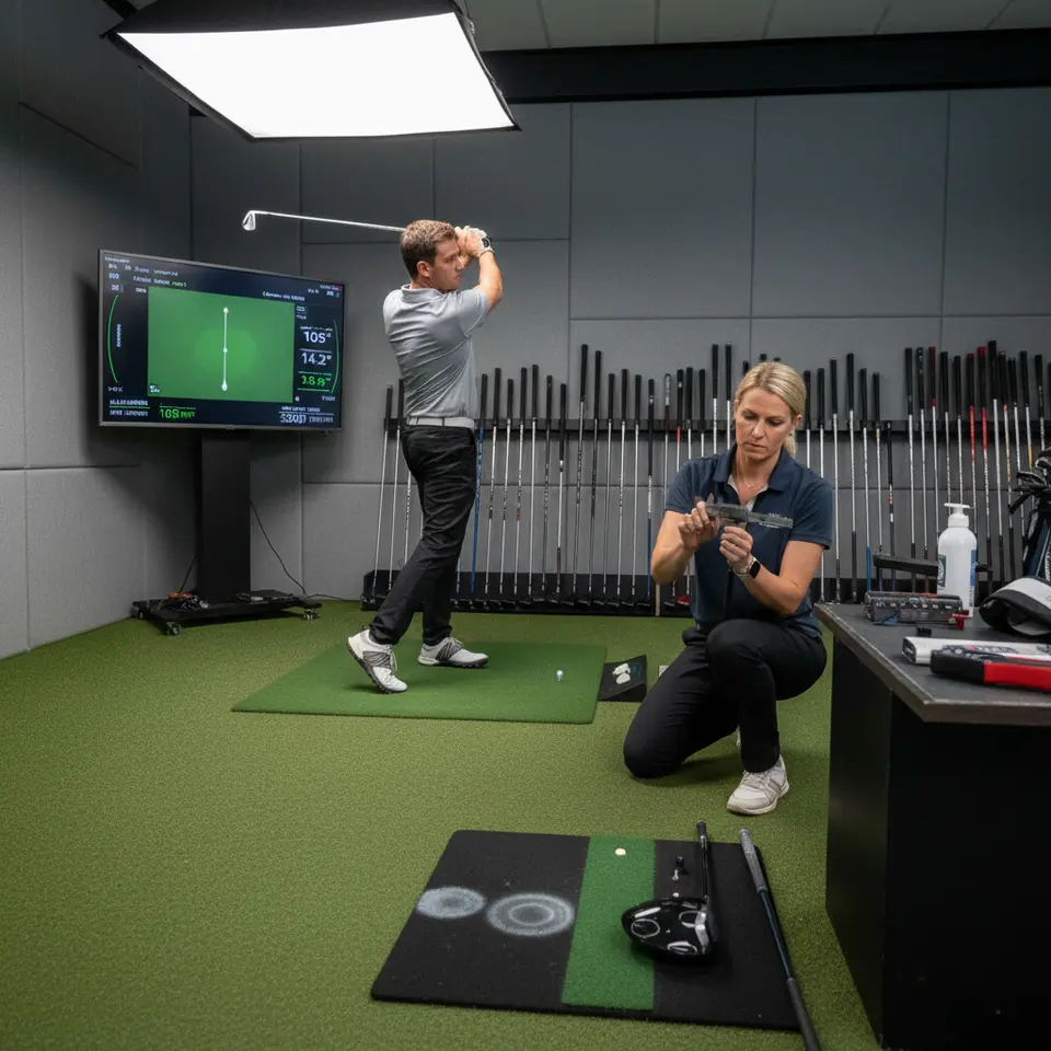 Golf club custom fitting scene in a professional studio: a golfer swinging while a launch monitor displays ball speed, launch angle, and spin data; alongside a fitter adjusting shaft flex, measuring grip diameter, and testing lie angle with a lie board and impact tape.