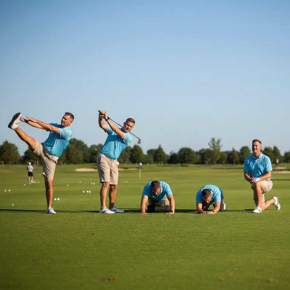 Dynamic Warm-Up and Recovery Sequence: A golfer on the practice tee performing a flowing warm-up routine—leg swings (front-to-back and side-to-side), torso rotations holding a club across the shoulders, progressive arm circles—and then transitioning to recovery with foam-rolling on the IT band and gentle stretches like child’s pose and hip-flexor lunges, all set against the backdrop of a lush, sunlit driving range.