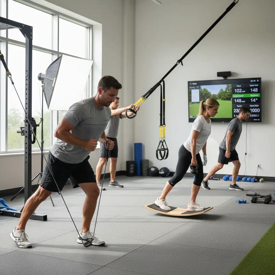 Advanced Golf Fitness Tools in Action: An indoor training studio scene showing a golfer using resistance bands for anti-rotation core presses, balancing on a wobble board while executing a single-leg Romanian deadlift, pulling on a TRX suspension trainer for end-range shoulder strength, with a launch monitor and wearable swing sensor display tracking real-time metrics on a digital screen.