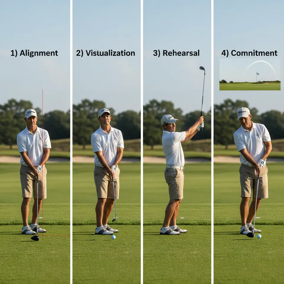 A four-panel illustration of a golfer’s step-by-step pre-shot routine: 1) Alignment – feet, hips and shoulders square to the target; 2) Visualization – golfer closes eyes, picturing ball flight and landing; 3) Rehearsal – one or two smooth practice swings at the intended tempo; 4) Commitment – a deep diaphragmatic breath and confident stride into the shot.
