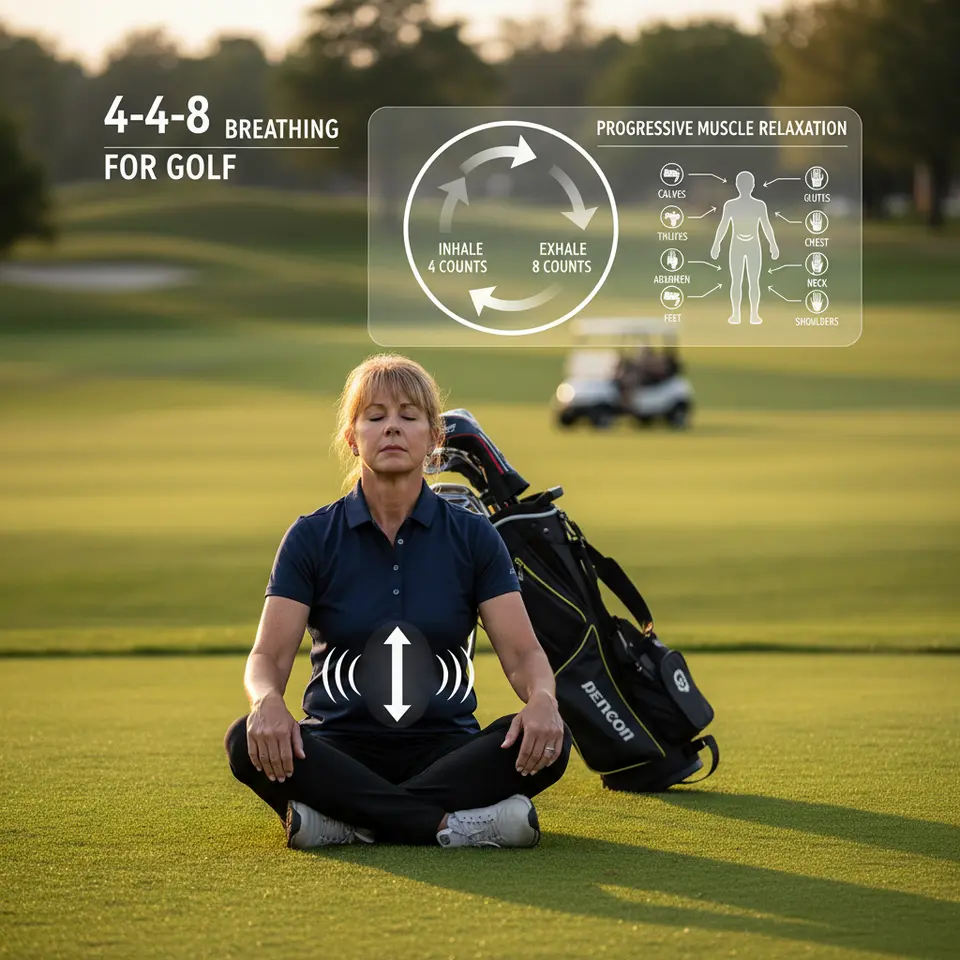 An infographic-style scene showing breathing and relaxation techniques for golf: a golfer using the 4-4-8 breath pattern (inhale for 4 counts, hold 4, exhale 8) with arrows indicating abdominal expansion, alongside a sequence of progressive muscle relaxation exercises tensing and releasing muscle groups from feet up to shoulders.
