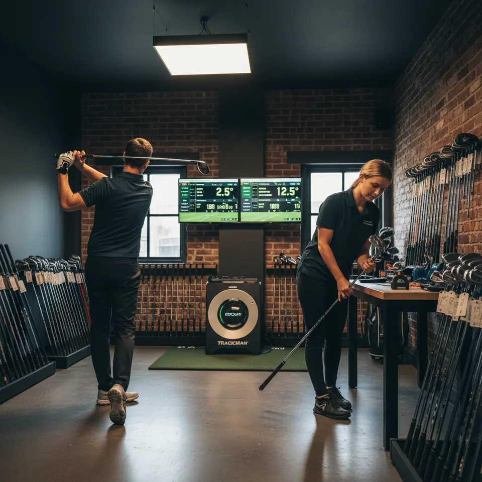 Custom Golf Club Fitting Session: A golfer stands in a modern fitting center with a TrackMan launch monitor and GCQuad screens displaying launch angle, spin rate, and clubhead speed. The player holds a driver in mid-swing while a technician adjusts shaft length and lie angle. Surrounding them are racks of irons, hybrids, and wedges, each tagged with loft and flex specifications.