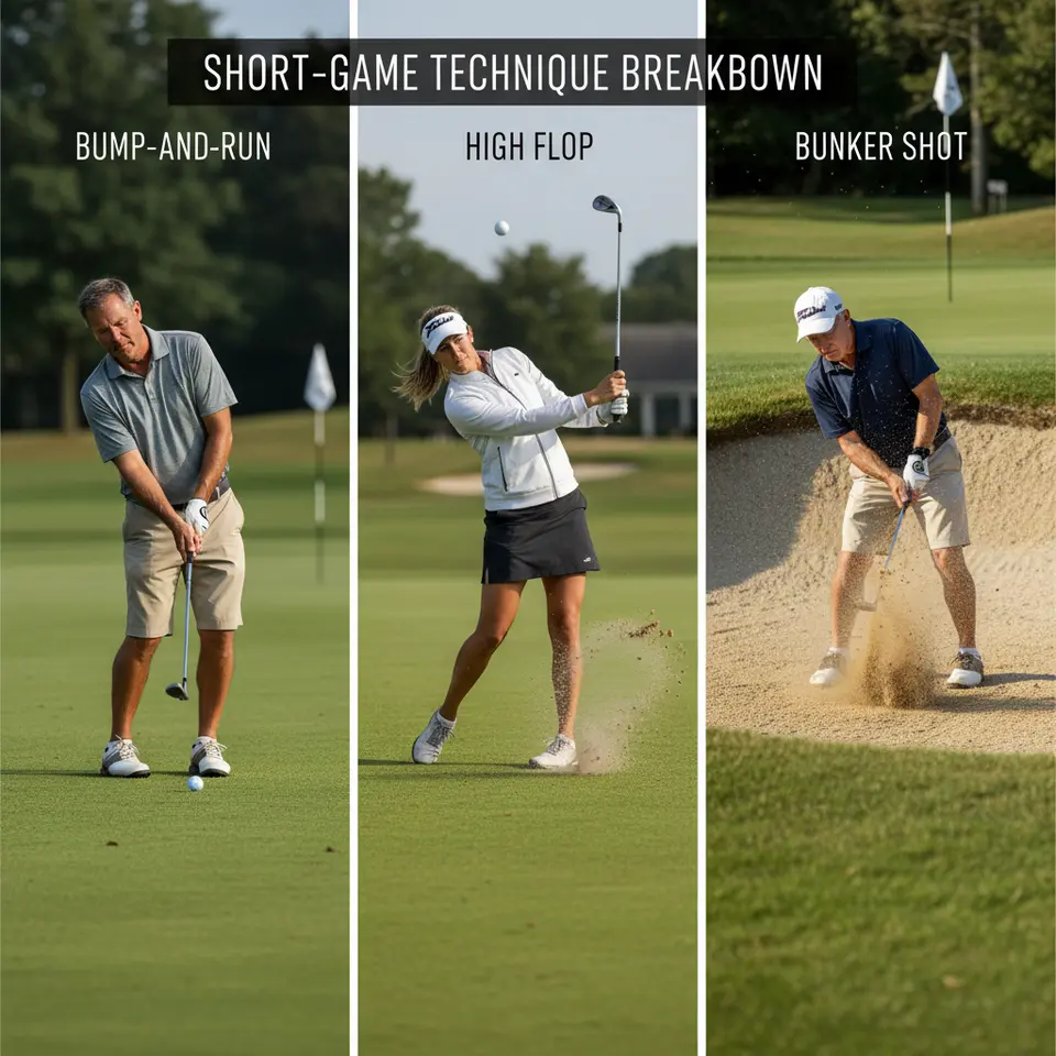 Short-Game Technique Breakdown: Three side-by-side vignettes showing (1) a bump-and-run chip with a 7-iron—ball back in stance, narrow feet, weight on front foot; (2) a high flop shot with an open-face sand wedge—wide stance, full body rotation, clubface angled up; (3) a bunker shot—golfer with feet dug into sand, open stance, striking sand two inches behind a ball perched on the lip of a green.
