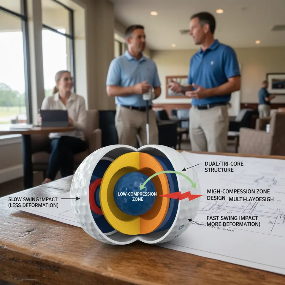 Cross-sectional cutaway of a modern golf ball’s multi-layer core: inner core, mantle layers, dual/tri-core structure, color-coded to show low-compression vs high-compression zones, with arrows illustrating deformation under slow and fast swing impacts.