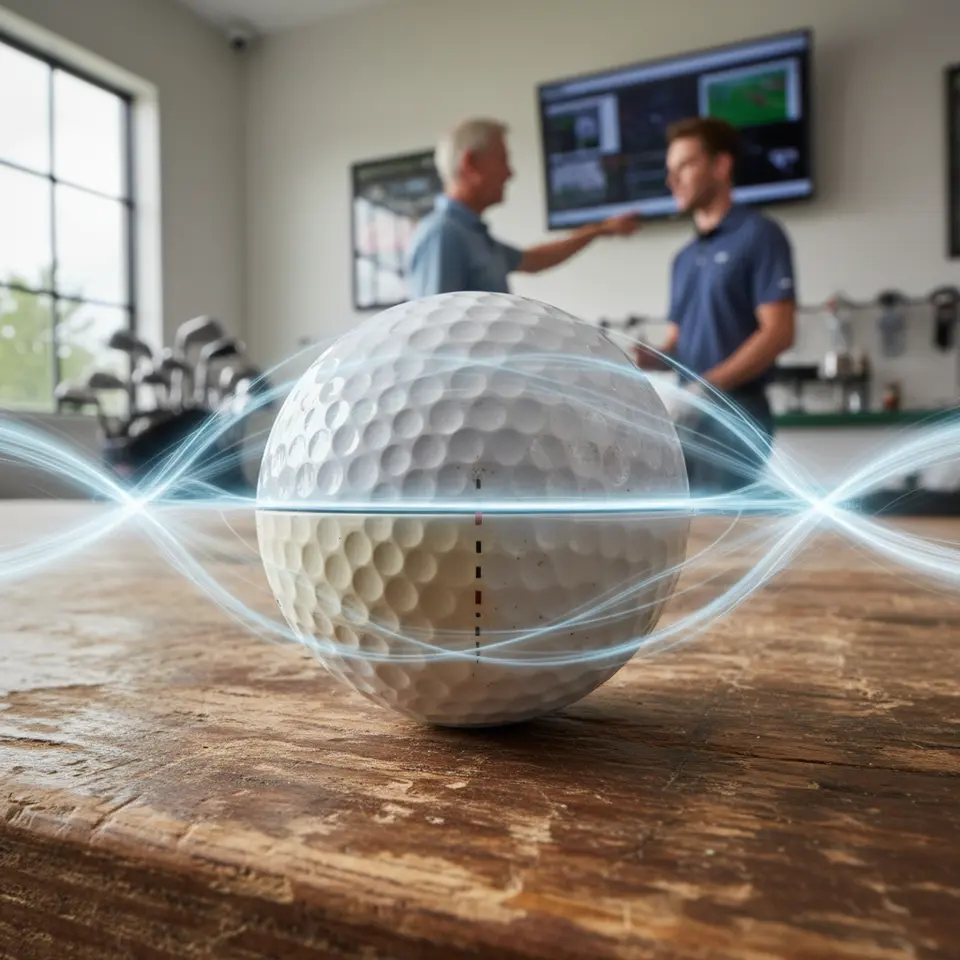 Close-up of a golf ball’s outer cover featuring two halves—one Surlyn, one urethane—with several dimple patterns (classic 332, hexagonal, variable-depth) overlaid by airflow streamlines to illustrate drag reduction and lift characteristics.