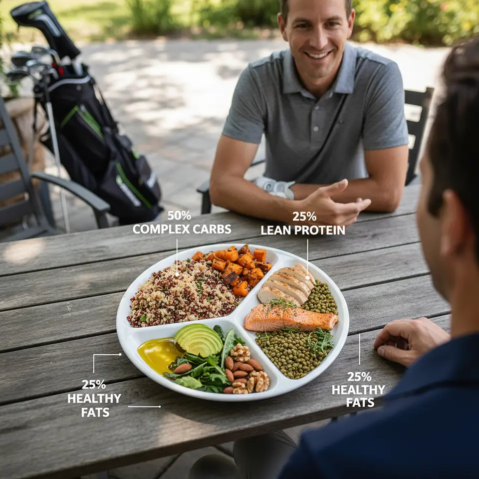 Balanced golf nutrition plate: top-down view of a meal divided into three segments—50% complex carbs (brown rice, quinoa, sweet potato), 25% lean protein (grilled chicken, fish, lentils), 25% healthy fats (avocado, olive oil drizzle, nuts)—with overlaid macro percentages and food labels.