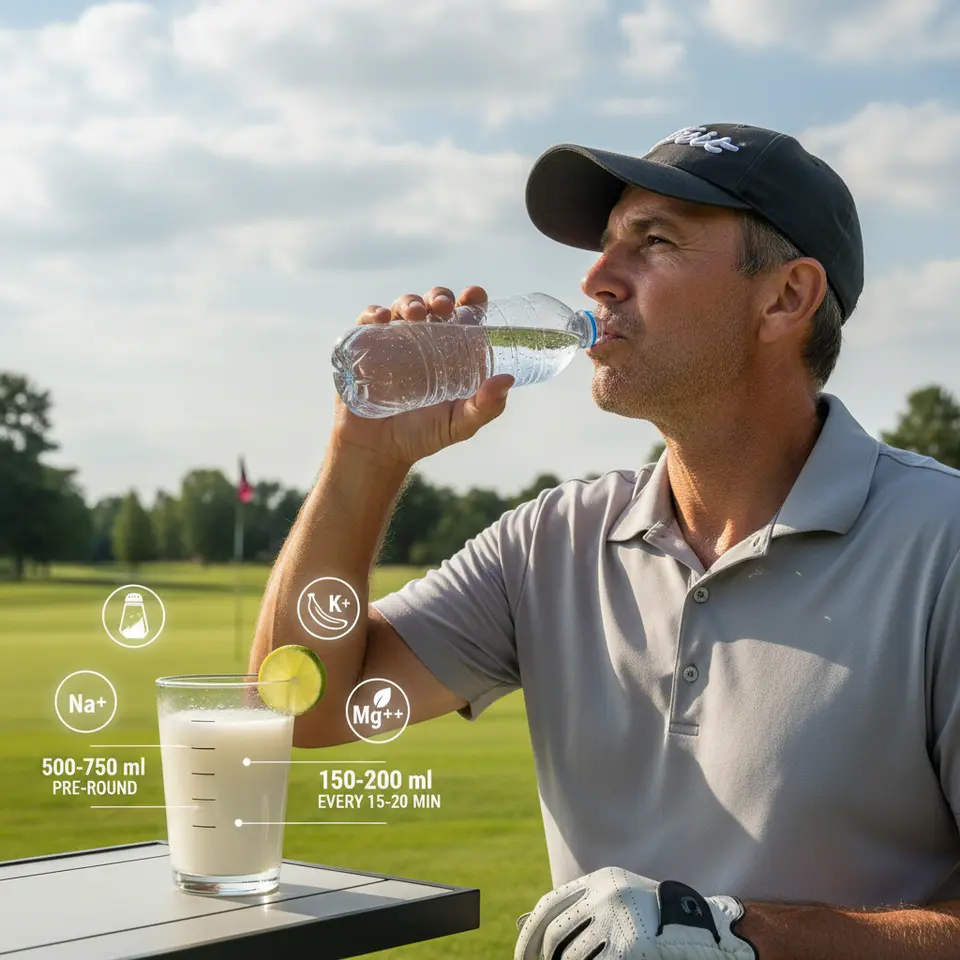 On-course hydration & electrolytes: a golfer sipping from a clear water bottle and a coconut-water electrolyte mix glass, annotated with measurement markers (500–750 ml pre-round, 150–200 ml every 15–20 min) and floating icons for sodium, potassium, magnesium.