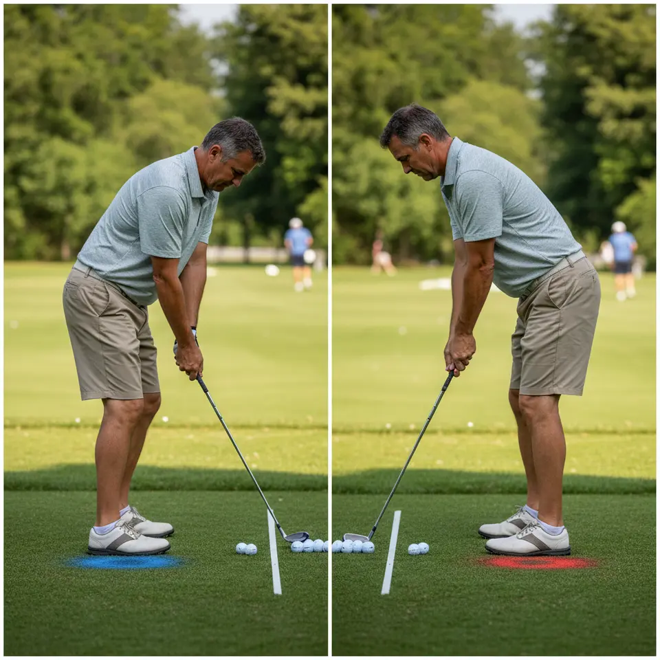 Mastering Grip and Posture – A side-and-front view of a golfer in address position: feet shoulder-width apart on alignment sticks, even weight shown by color-coded pressure mats under each foot, slight knee flex, hip hinge forward, core engaged, and hands gripping the club diagonally across the fingers with the Vs of the thumbs pointing toward the trail shoulder.