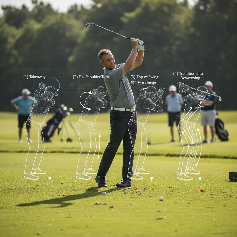 Kinematics of the Swing: From Backswing to Downswing – A sequential cutaway illustration showing (1) takeaway with a low-and-wide club path and passive wrists, (2) a full shoulder turn and trail knee flex coiling the torso, (3) the top of the swing with a 90° wrist hinge, and (4) transition into the downswing with weight shift to the lead foot, hips opening, and club lagging, with arrows indicating the ground-up energy transfer through legs, core, and arms.